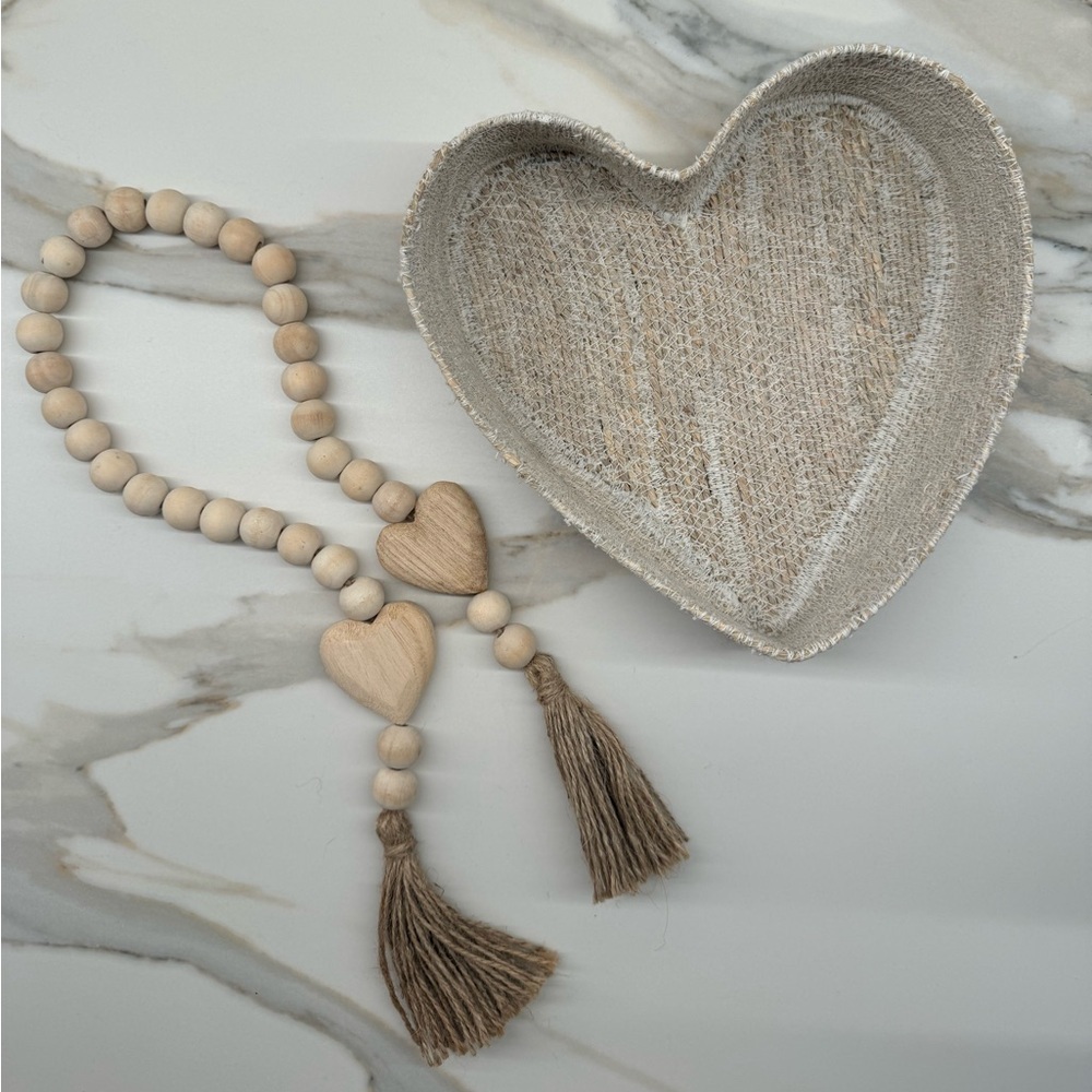 Woven wicker heart basket with wooden beads